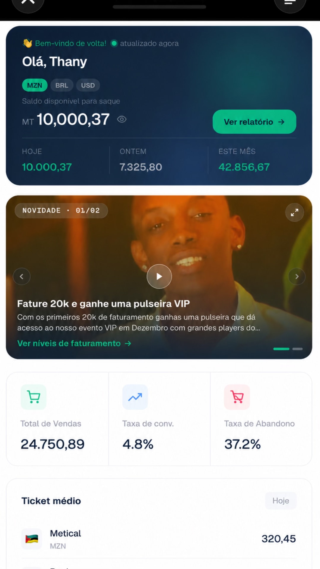 Painel demonstrativo com saldo, vendas e métricas digitais